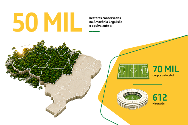 Infográfico com mapa do Brasil ilustrando que 50 mil hectares conservados na Amazônia Legal equivalem a 70 mil campos de futebol ou 612 Maracanãs.
