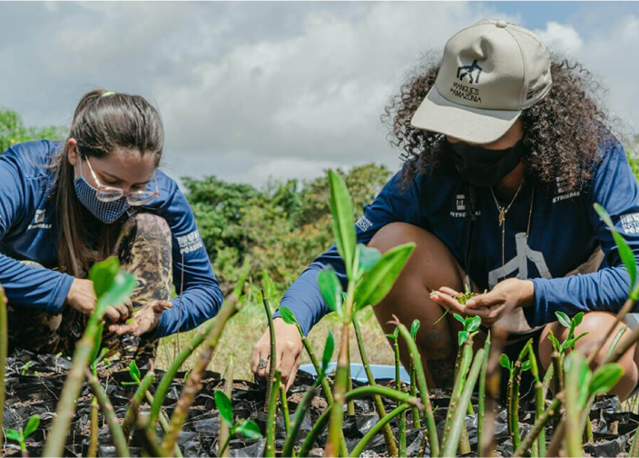 Homem e mulher plantando mudas para projeto socioambiental apoiado pela Petrobras.