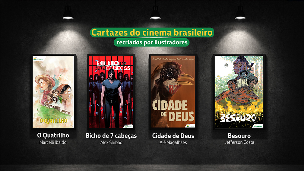 Releitura de cartazes de filmes nacionais das obras O Quatrilho, Bicho de 7 Cabeças, Cidade de Deus e Besouro.