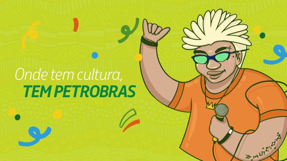 Ilustração de artista segurando microfone sobre fundo verde, com a frase Onde tem cultura, tem Petrobras.