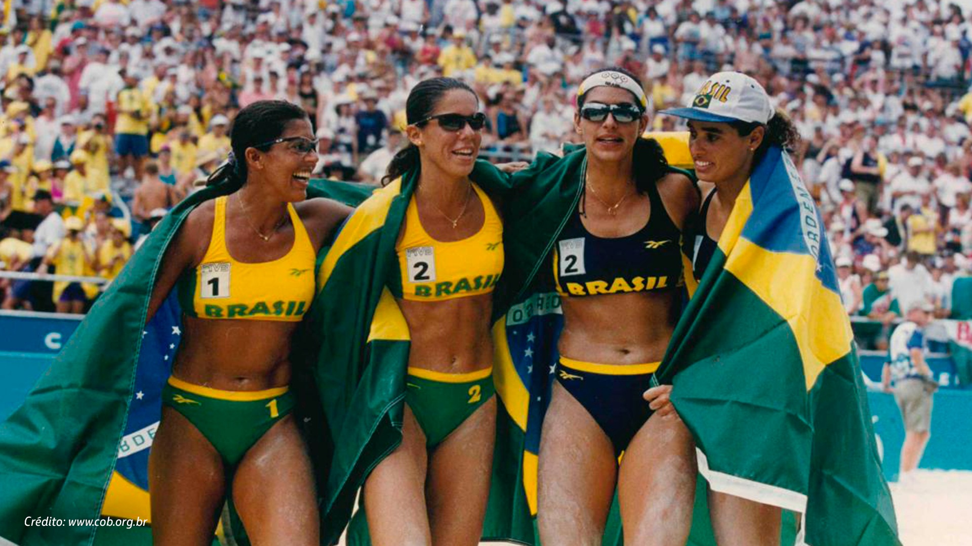 As atletas brasileiras Jackie Silva, Sandra Pires, Mônica Rodrigues e Adriana Samuel nos Jogos Olímpicos de 1996.