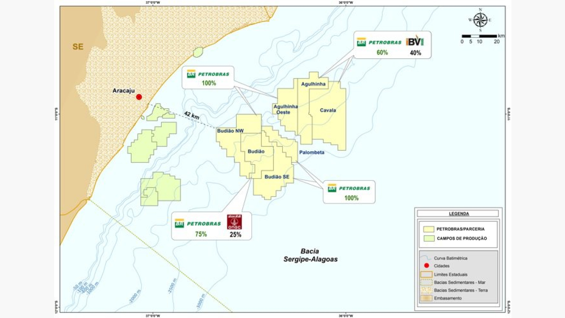 Ilustração mostrando localização da Bacia Sergipe-Alagoas e todos os seus sete campos de petróleo.