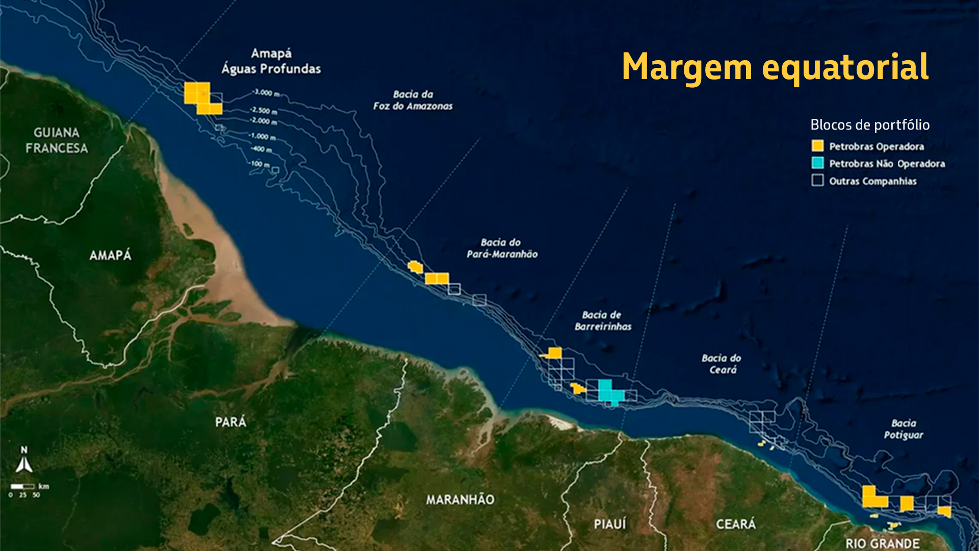 Mapa mostrando a localização da Margem Equatorial e os blocos de portfólio de exploração.