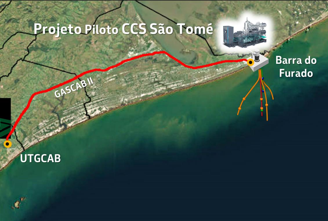 Mapa do Projeto Piloto CCS São Tomé mostrando a rota do gasoduto GASCAB II do UTGCAB até a estação de injeção offshore em Barra do Furado, ilustrando a captura e o armazenamento de CO2 no subsolo marinho.