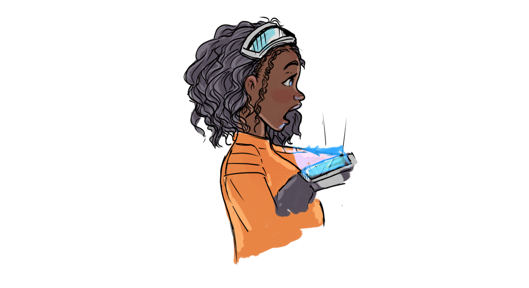 Ilustração de Petra de perfil, conversando com Re9, por meio do dispositivo que ela carrega no pulso.