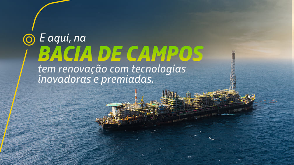 Plataforma de petróleo no oceano, na Bacia de Campos.