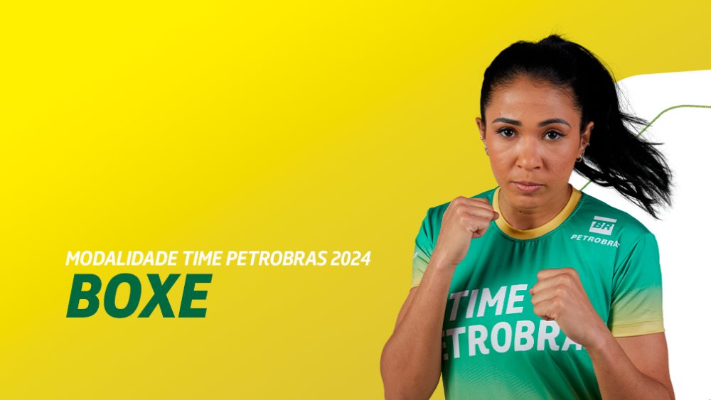 Uma atleta posa para a câmera com os dois punhos cerrados, em uma posição de boxe, usando uniforme do Time Petrobras. Ao lado dela, o texto 