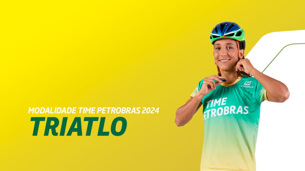 Uma atleta sorri usando uniforme do Time Petrobras e capacete. Ao lado dela, o texto 