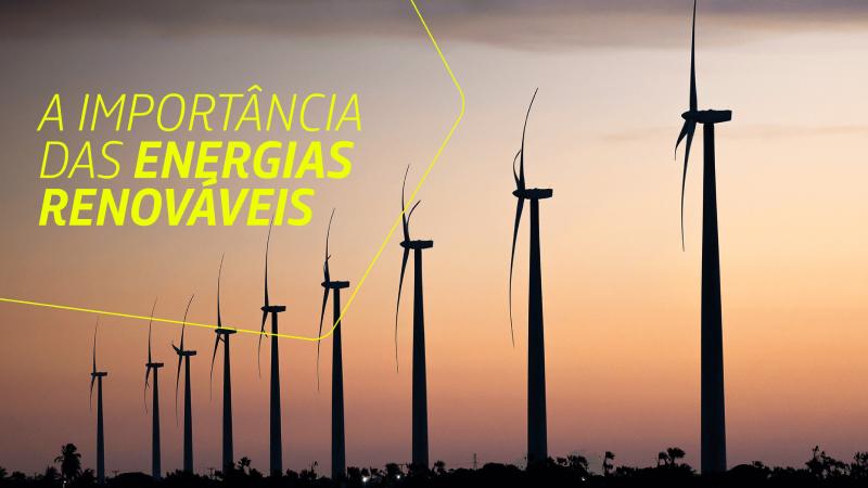 Turbinas eólicas representando as principais fontes de energias renováveis.