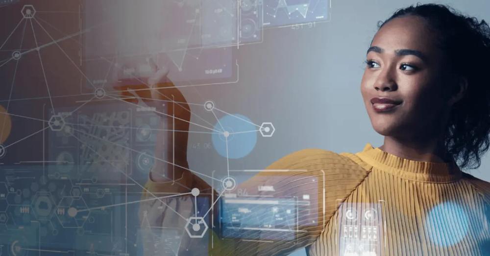 Mulher interagindo com parede de vidro exibindo hologramas de gráficos, representando o uso de inteligência artificial generativa para análise de dados e tomada de decisão na Petrobras
