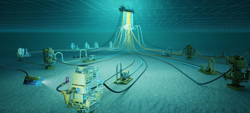 Ilustração 3D de dutos flexíveis e cabos submarinos conectados a uma plataforma de petróleo, representando o sistema de monitoramento da inovação tecnológica M.O.D.A.
